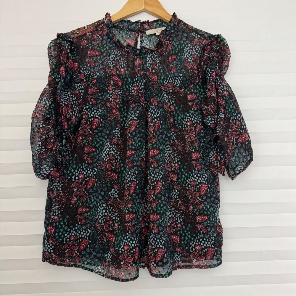 LOFT Womens M Floral Clip Dot Ruffle Boho Blouse Mock Neck Short Sleeve Top